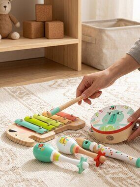 Montessori Wooden Musical Instrument Set, Toddler Xylophone & Drum Toy